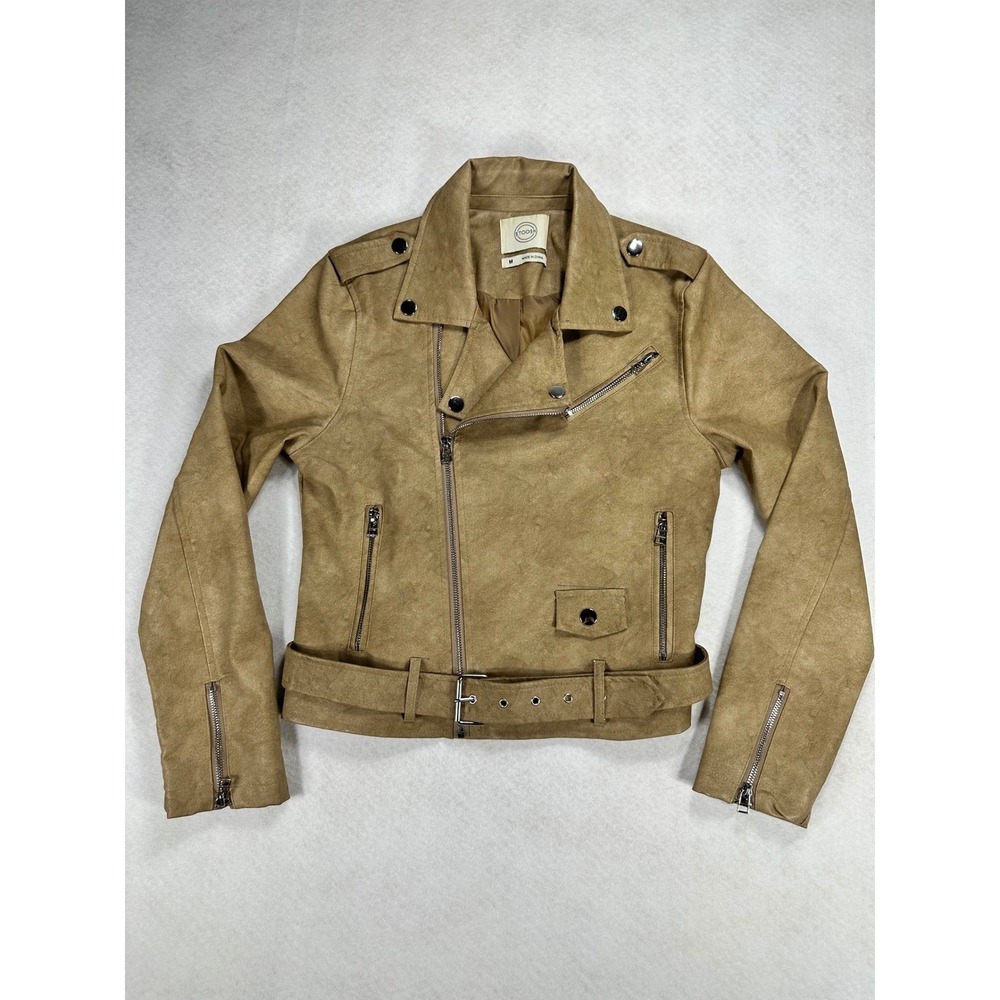 Stoosh Womens Tan Faux Leather Moto Biker Jacket Camel Belted Cropped M Medium